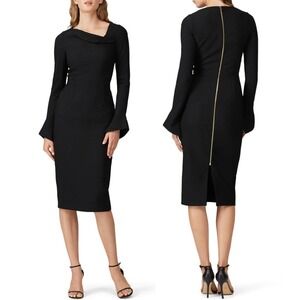 Roland Mouret Dress Black Long Sleeve Fluted Asymmetrical Sheath Dress Size US 4